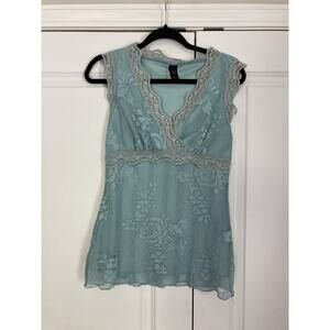 Y2k 90s Vintage Babydoll Wrapper Womens Blue Lace Trim Floral Blouse Size Medium